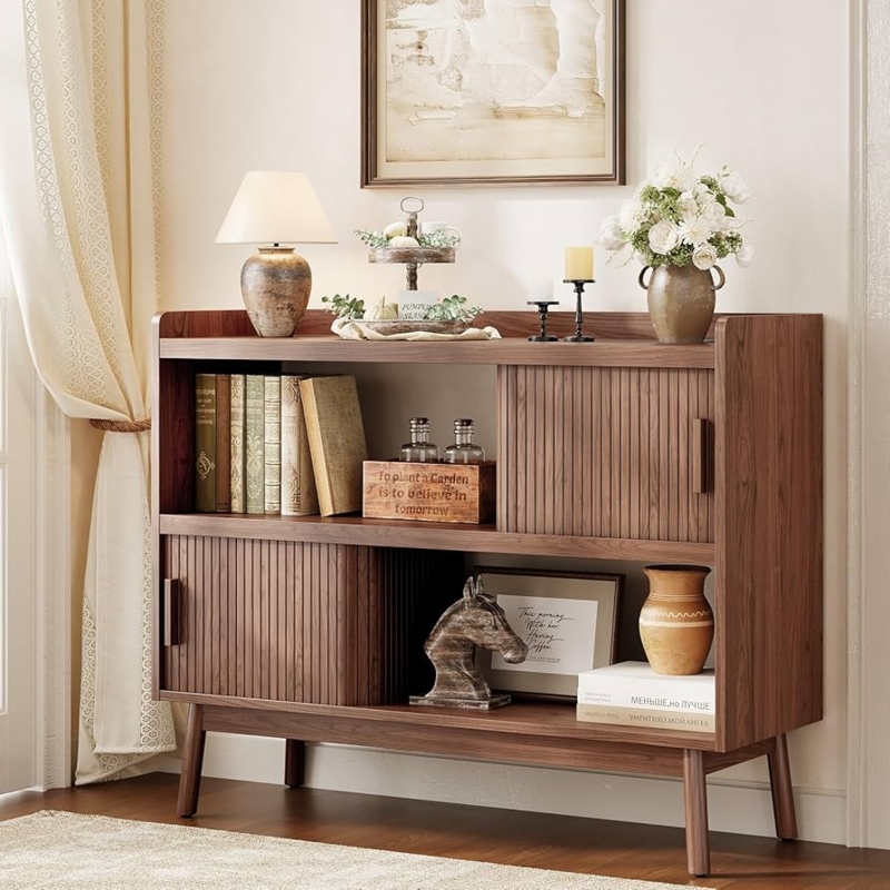 Mid-Century Sideboard with Fluted Sliding Door and Integrated Outlet