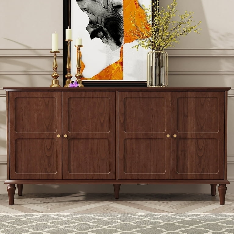 Mid-Century Sideboard with Geometric Door Panels & Gold Hardware