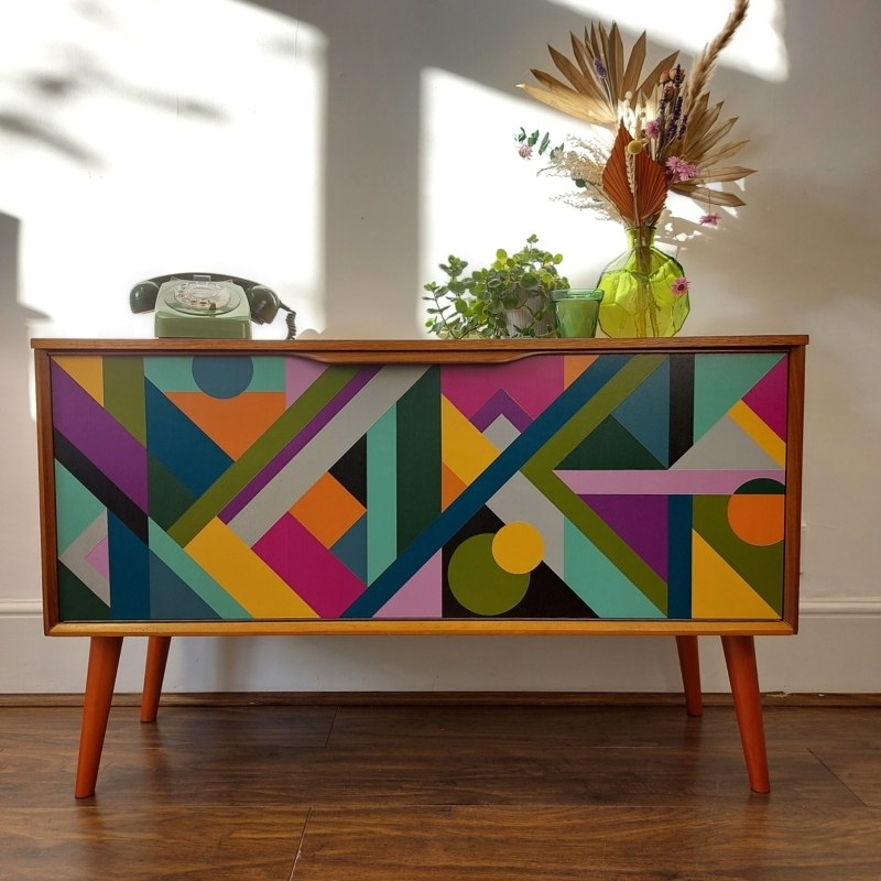 Mid-Century Sideboard with Hand Painted Geometric Teal Facade