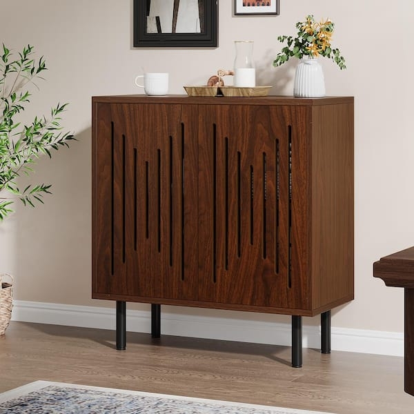 Mid-Century Sideboard with Slatted Doors & Tapered Black Legs