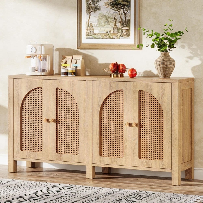Mid-Century Sideboard with Slatted Wood Fronts and Gold Tapered Legs