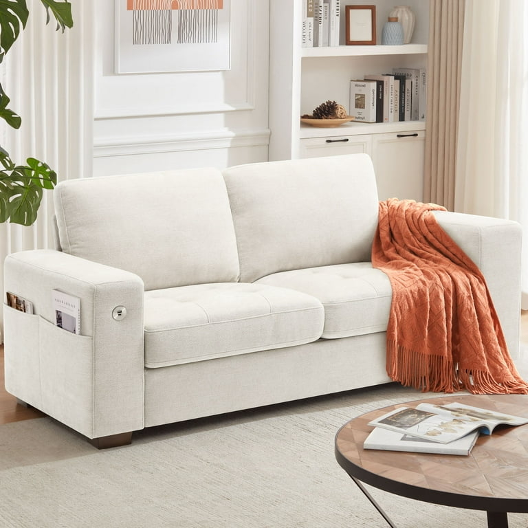 Minimalist Beige Loveseat Sofa with Low Profile & Blocky Silhouette