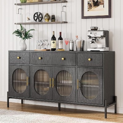 Minimalist Black Metal Sideboard featuring Four Mesh Doors and Slim Legs