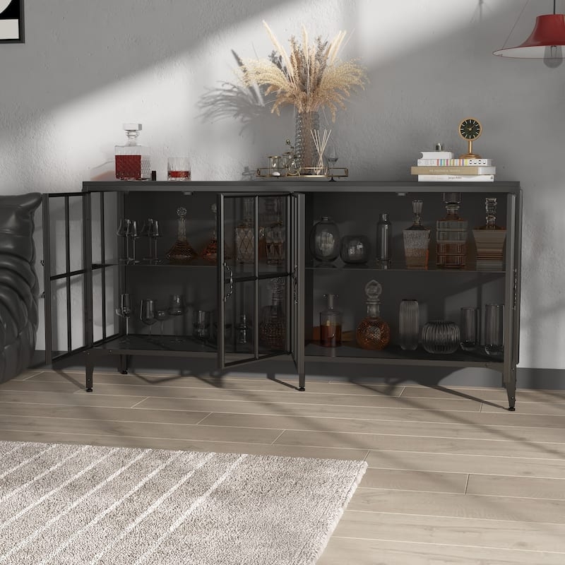 Minimalist Black Metal Sideboard with Fluted Glass and Interior Glow