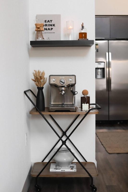 Minimalist Boho Bar Cart Styling featuring Arched Mirror and Shelves