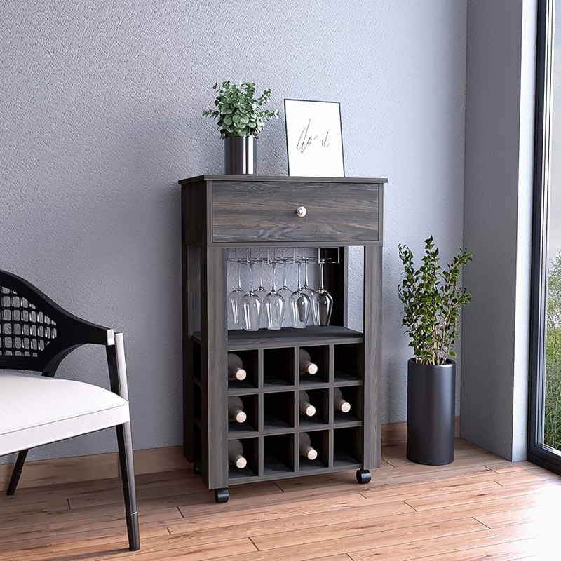 Minimalist Dark Wood Bar Cart with Integrated Stemware Holders
