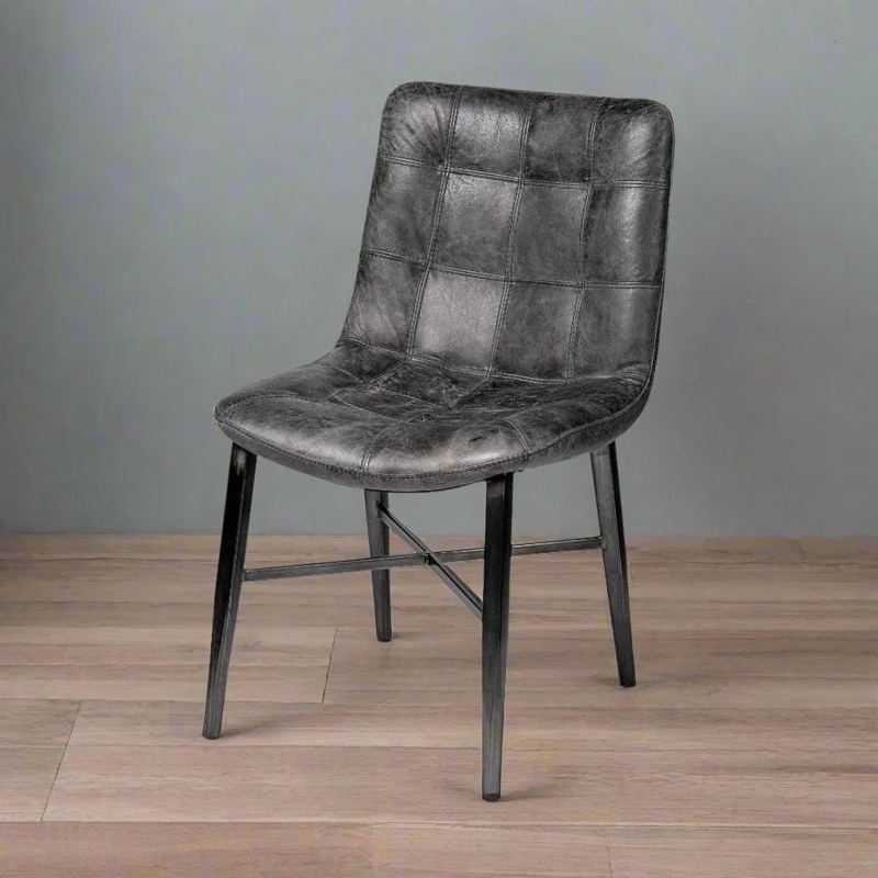 Minimalist Dining Chair Black Metal Frame Distressed Leather