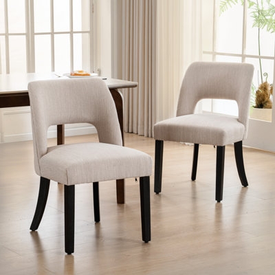 Minimalist Dining Chairs Flared Wood Legs Textured Light Grey Linen Fabric