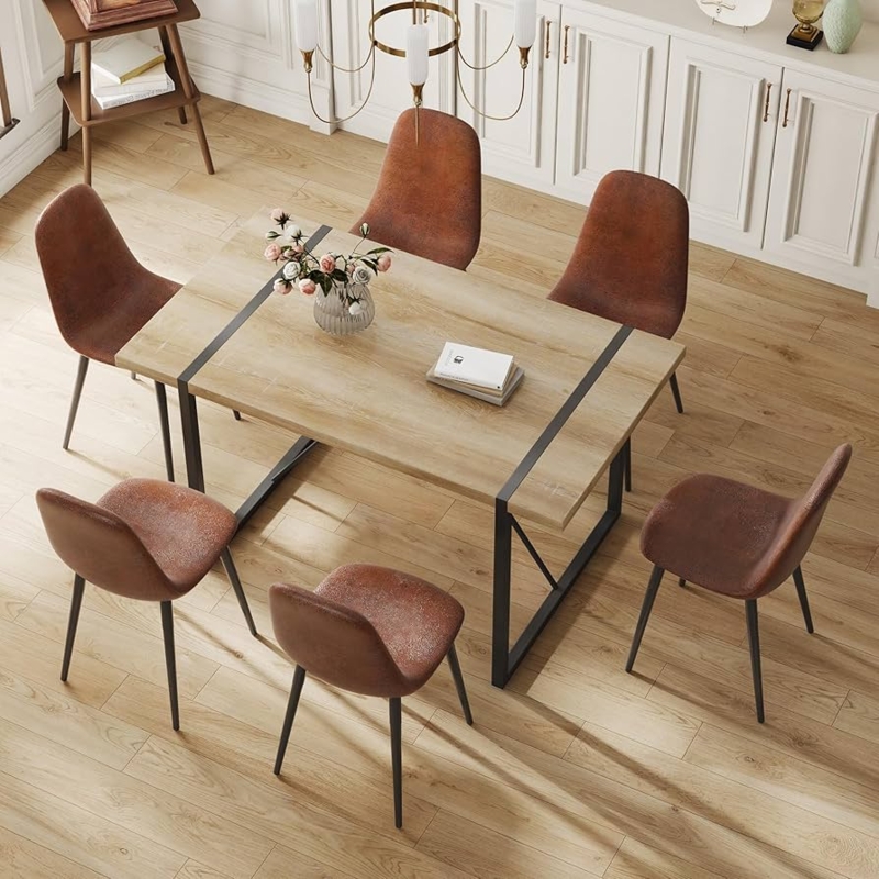 Minimalist Dining Set Angled Wood Base Brown Faux Leather Tapered Legs