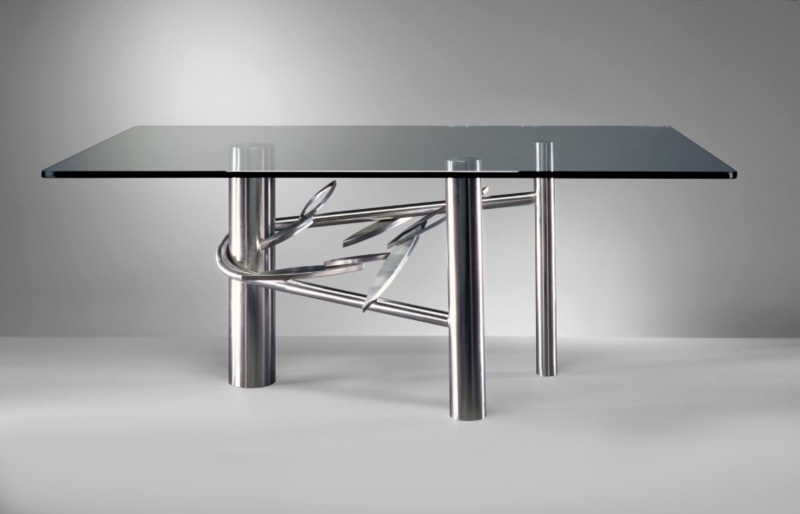 Minimalist Dining Table with Thick Glass Top & Cylindrical Base
