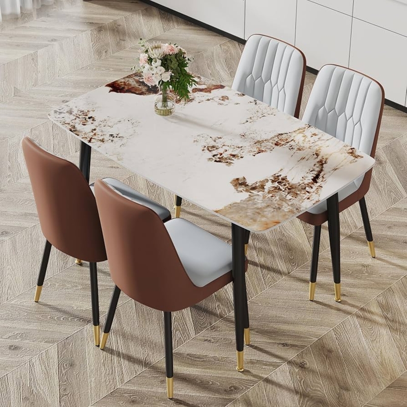 Minimalist Faux Marble Dining Set with Mixed Gray and Brown Chairs