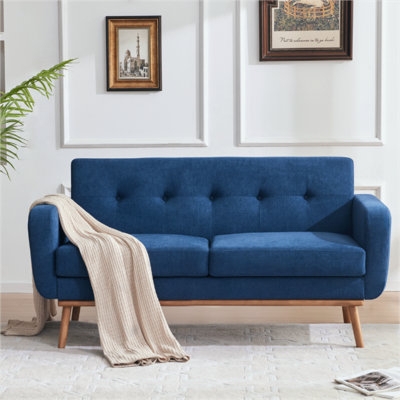 Minimalist Gray Woven Loveseat with Square Arms and Tapered Black Legs