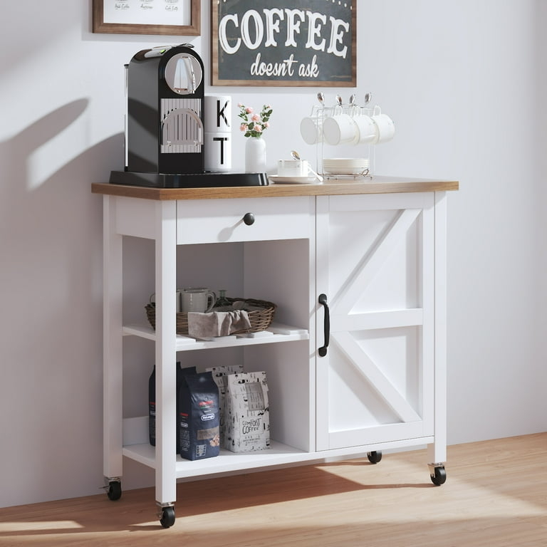 Minimalist Kitchen Cart with Shaker Cabinetry and Wood-Toned Top