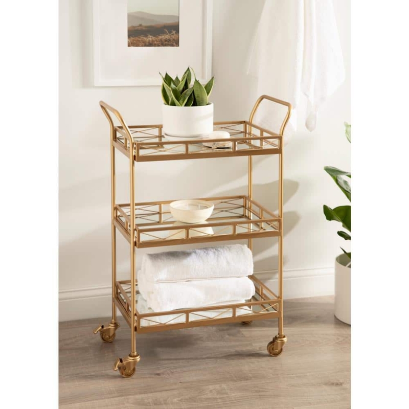 Minimalist Metallic Bar Cart with Rectangular Mirrored Shelves