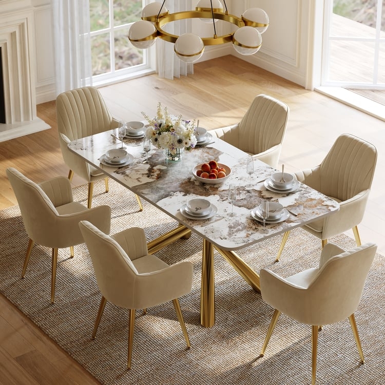 Minimalist Rectangular Stone Top Dining Table with Silver Trestle