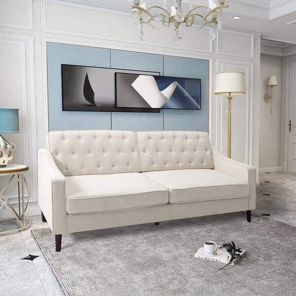 Minimalist Square Arm Loveseat with Block Legs in Light Grey Upholstery