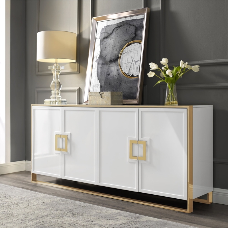 Minimalist White Buffet with Vertical Gold Handle Pulls