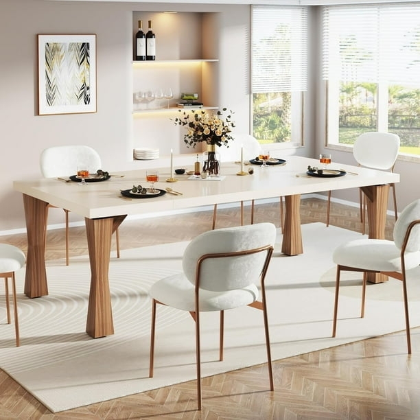Minimalist White Dining Room Set Plank Legs Six Person Seating