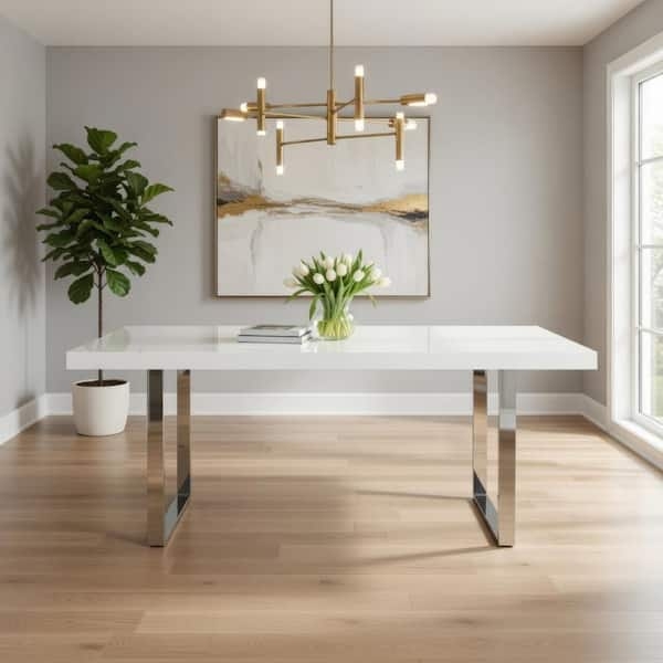 Minimalist White Dining Table featuring a Polished Silver Trestle Base