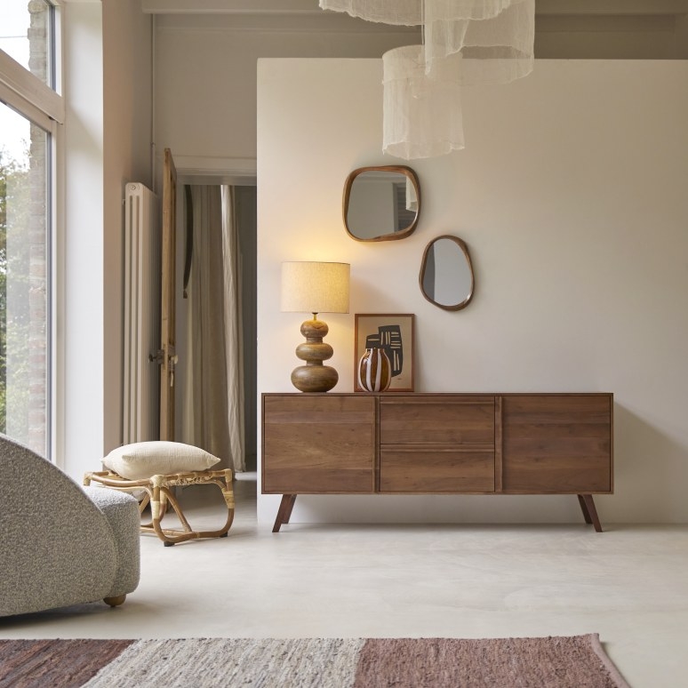 Minimalist Wood Sideboard Buffet with Slatted Sliding Doors