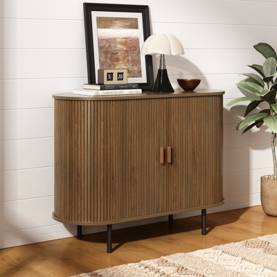 Minimalist Wood Sideboard with Slatted Doors and Metal Legs