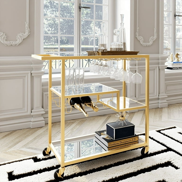 Mirrored Bar Cart with Champagne Gold Finish and Stemware Hangers