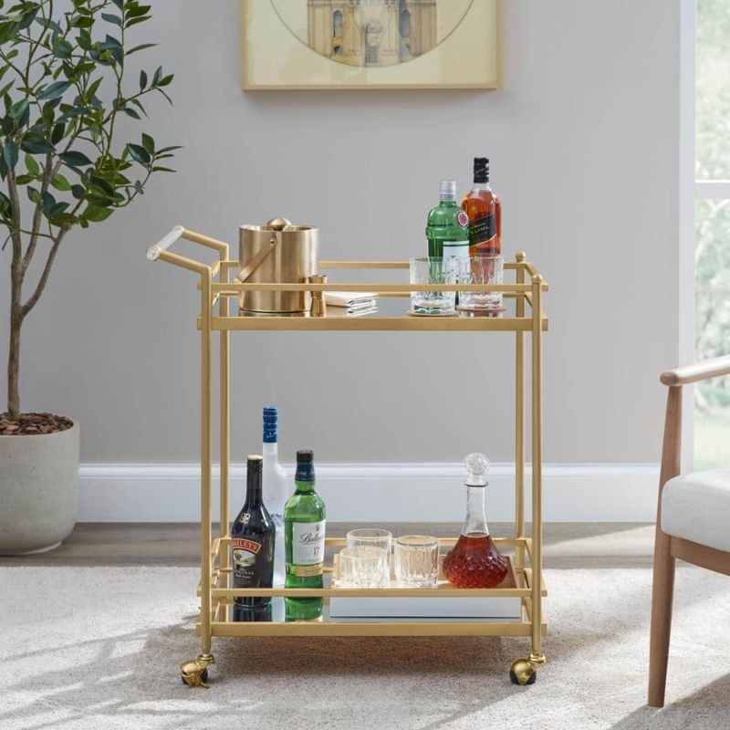 Mirrored Bar Cart with Unique Arched Metal Frame and Handle Bars