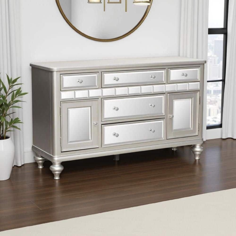 Mirrored Drawer Sideboard with Faceted Knobs and Tapered Legs