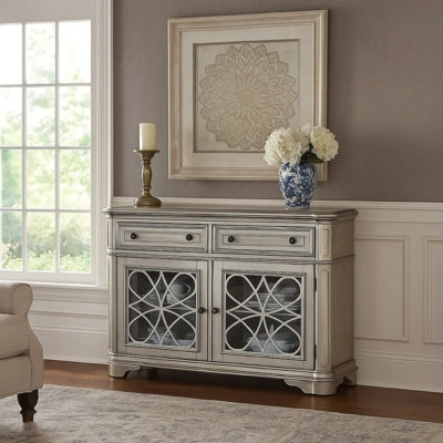 Mirrored Fretwork Sideboard with Geometric Overlay and Ring Pulls