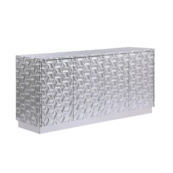 Mirrored Geometric Overlay Sideboard in Metallic Finish with Bun Feet