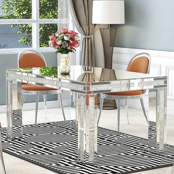Mirrored Rectangular Dining Table with Crushed Diamond Inlay Details