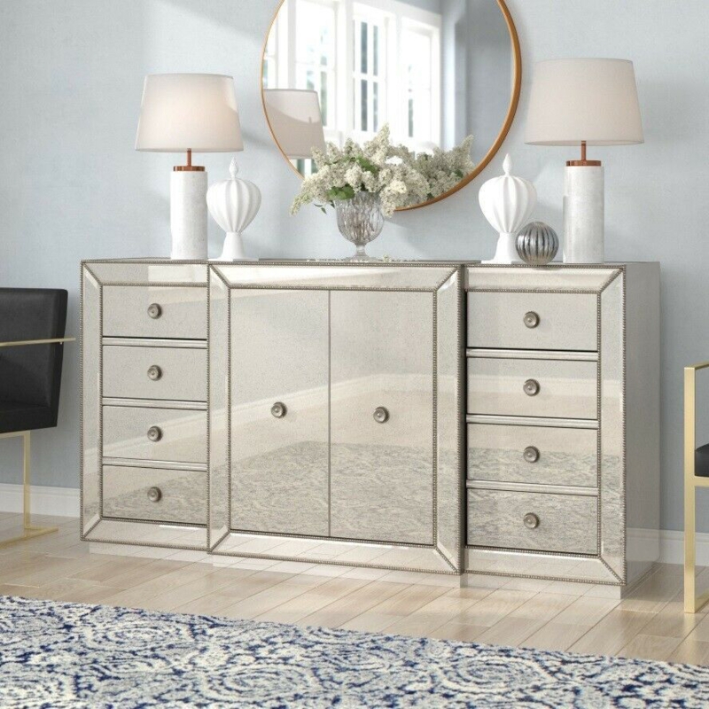 Mirrored Storage with Gold Beading and Four Top Drawers