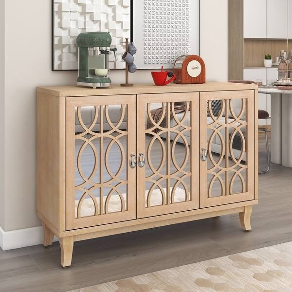 Mirrored Three Door Sideboard with Long Vertical Silver Handles