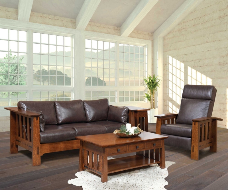 Mission Style Wood Loveseat with Slat Sides and Beige Box Cushions