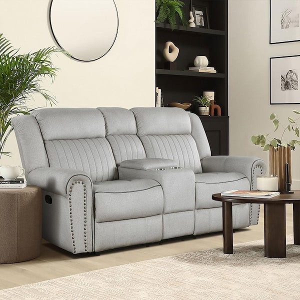 Mist Grey Manual Reclining Loveseat with Console, Microfiber-Like
