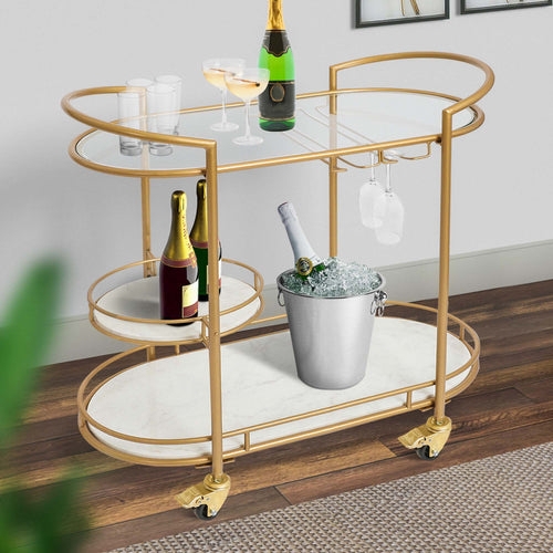 Mixed Marble and Glass Bar Cart with Three Tiers and Iron Frame