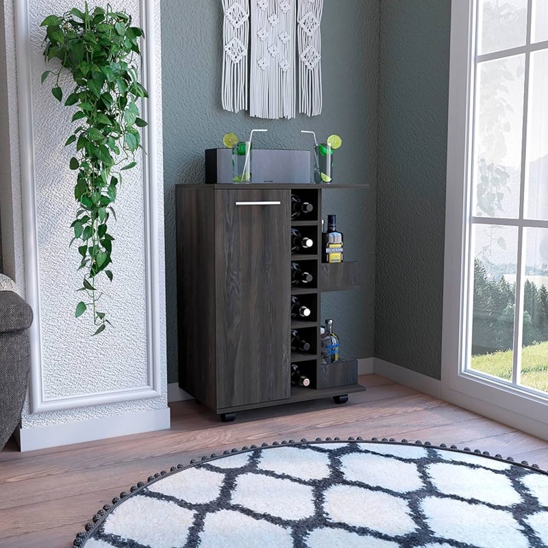 Mobile Bar Cabinet Espresso Finish Wine Rack Single Door Storage