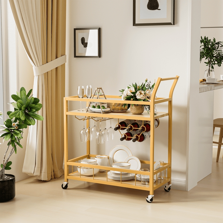 Mobile Bar Cart with Integrated Wine Bottle and Stemware Racks