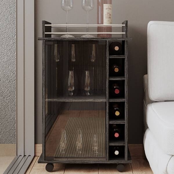 Mobile Bar Cart with Metal Guard Rails, Espresso Finish, Glass Door