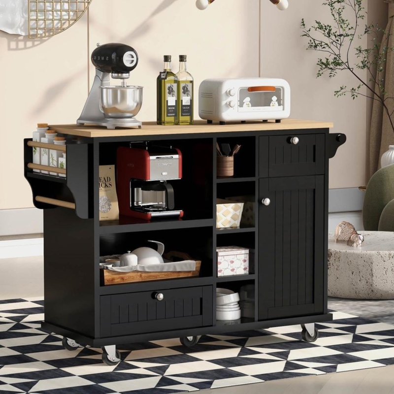 Mobile Black Kitchen Island with Contrasting Countertop and Spice Rack