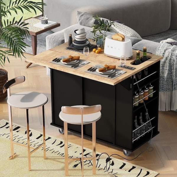 Mobile Black Kitchen Island With Five Casters And Spice Rack