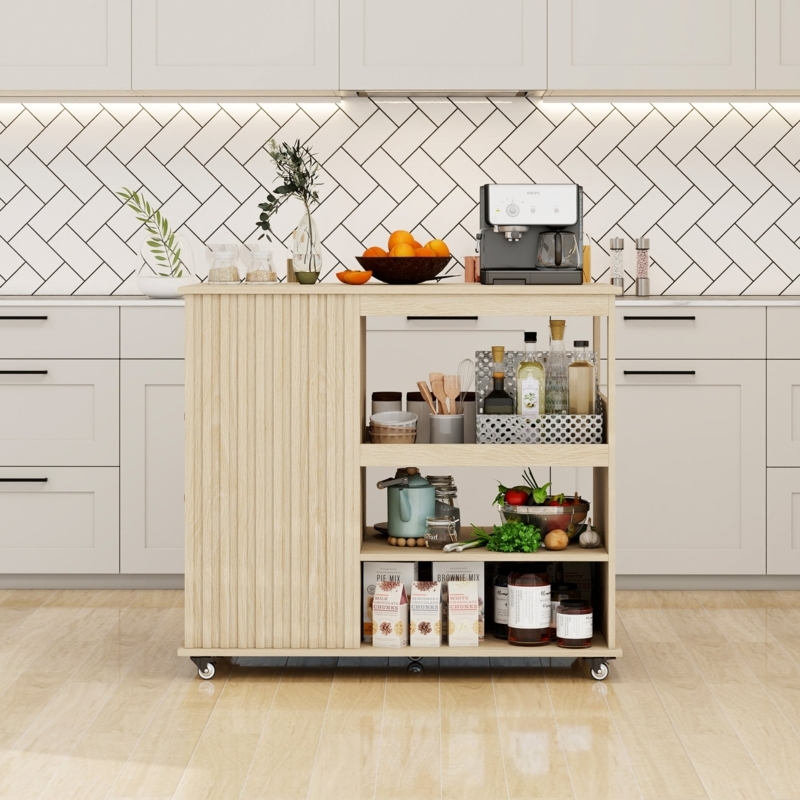 Mobile Breakfast Bar Island with Tuck-Away Seating Storage and Dark Top.