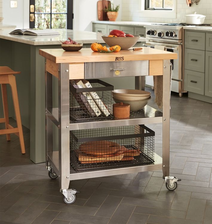 Mobile Butcher Block Kitchen Cart with Slatted Shelf and Drawers