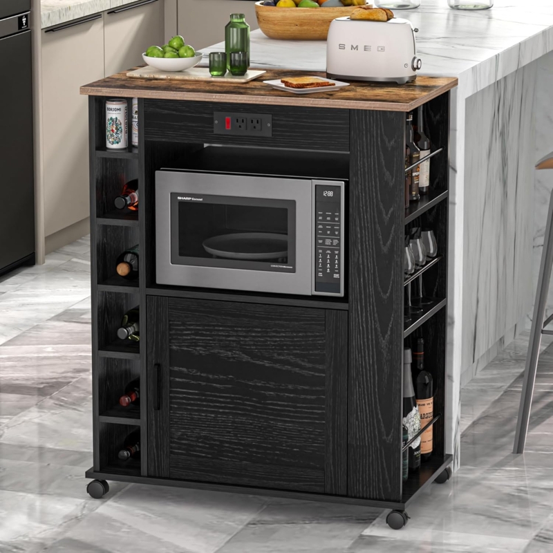 Mobile Island with Power Outlet, Shaker Doors, and Wine Rack