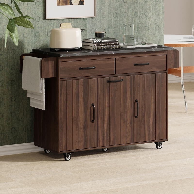 Mobile Kitchen Cart Walnut Brown Drop Leaf Tilt Out Storage