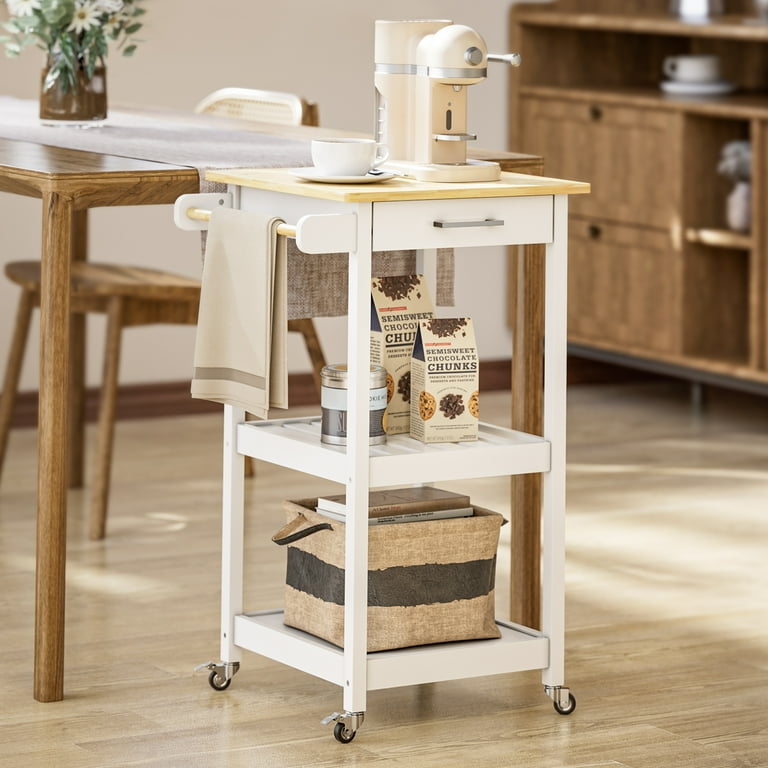 Mobile Kitchen Cart White with Slatted Shelves and Hooks