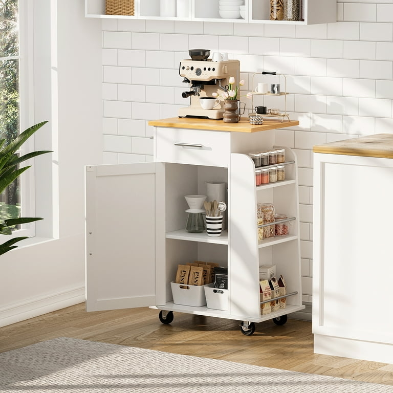 Mobile Kitchen Island Cart with Integrated Side Wine Rack, Locking Wheels, White