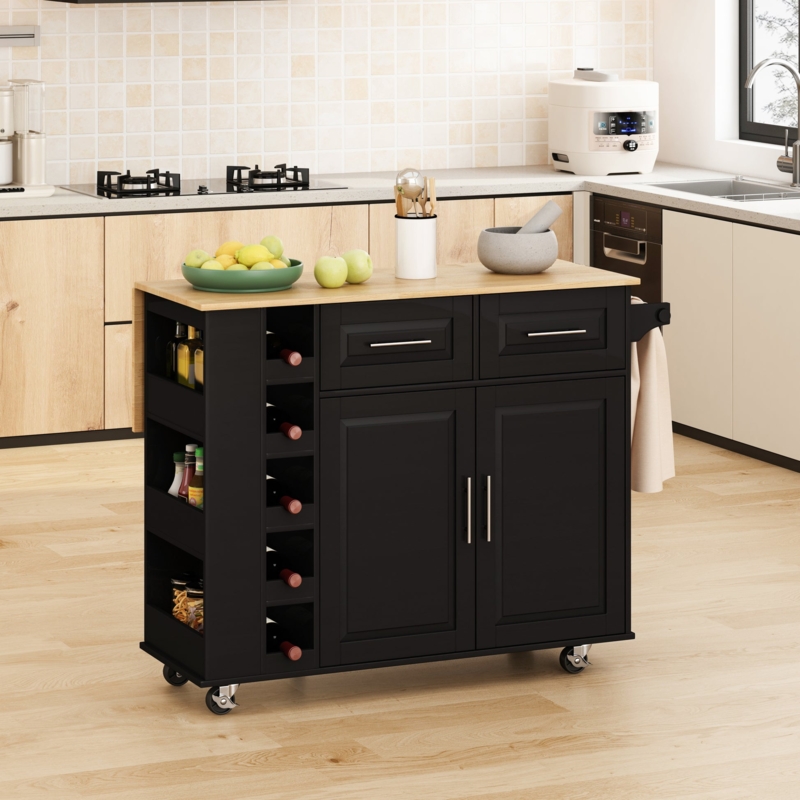 Mobile Kitchen Island Cart with Side Shelving and Natural Wood Top