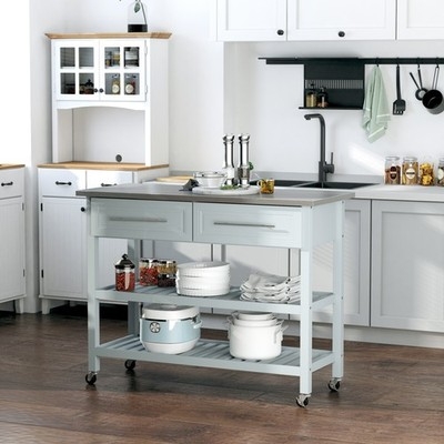 Mobile Kitchen Island Cart with Stainless Steel Top and Wood Base