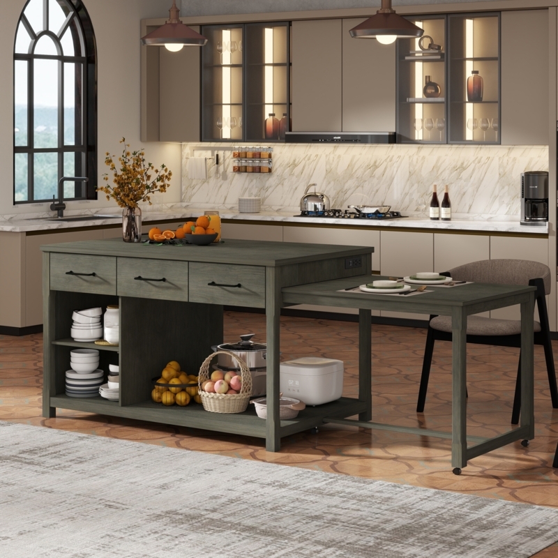 Mobile Kitchen Island in Charcoal Gray Finish with Drop Leaf and Power